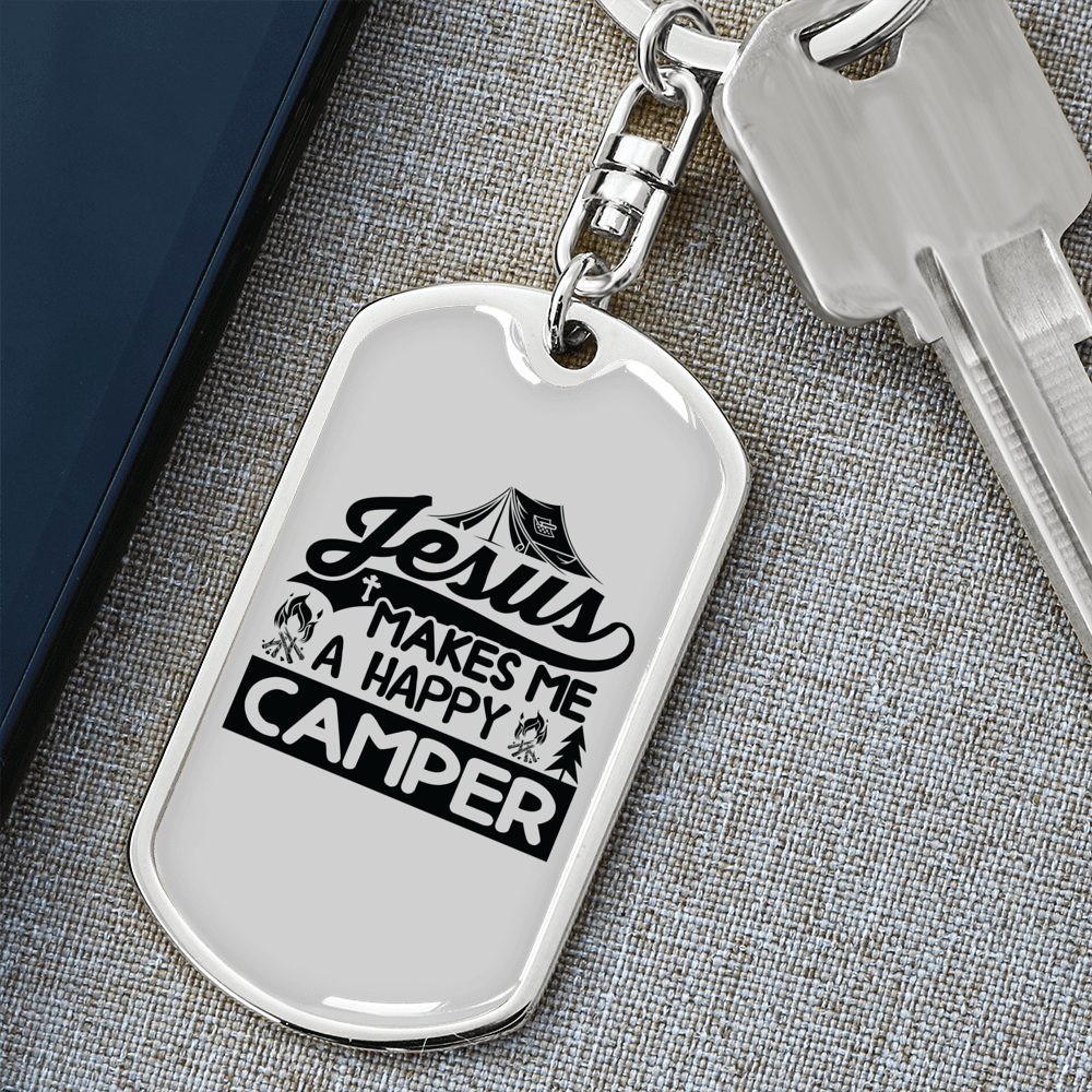 Jesus Happy Camper Keychain Stainless Steel or 18k Gold Dog Tag Keyring-Express Your Love Gifts