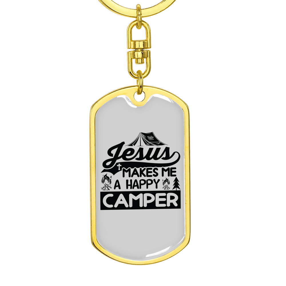 Jesus Happy Camper Keychain Stainless Steel or 18k Gold Dog Tag Keyring-Express Your Love Gifts