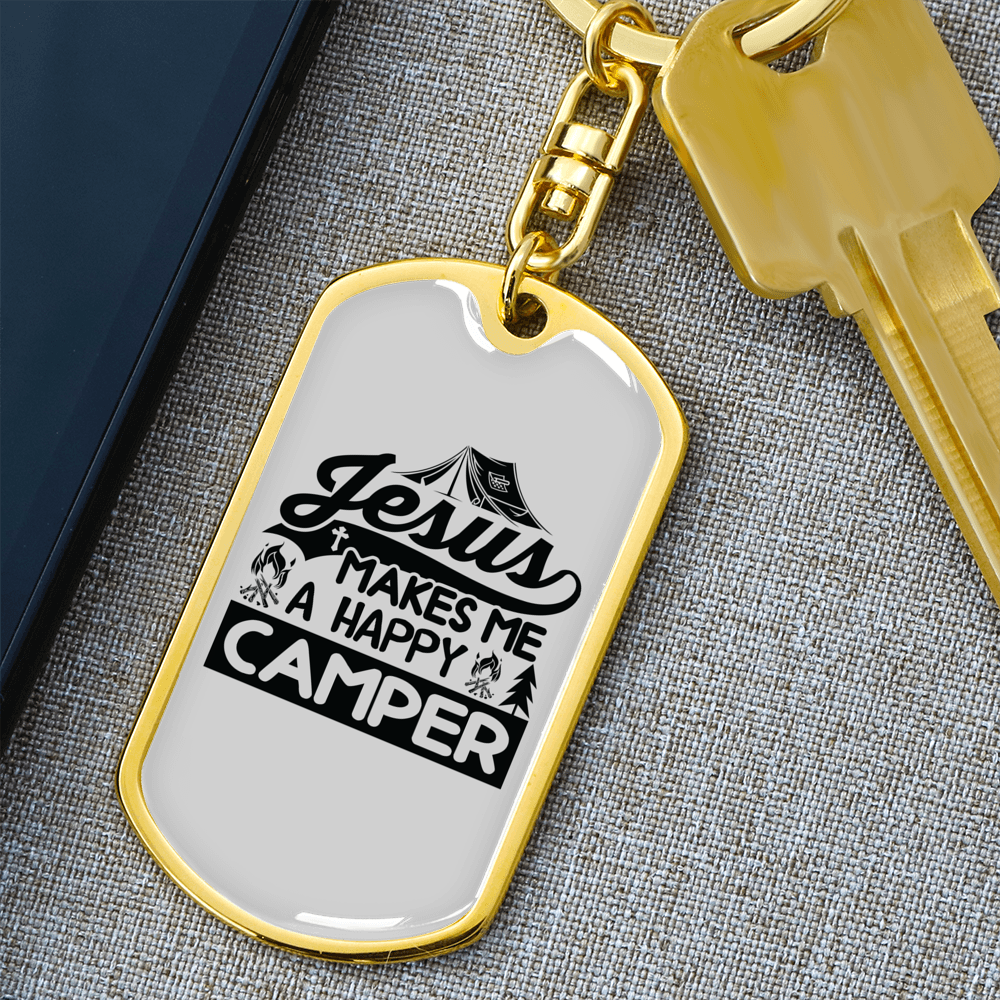Jesus Happy Camper Keychain Stainless Steel or 18k Gold Dog Tag Keyring-Express Your Love Gifts