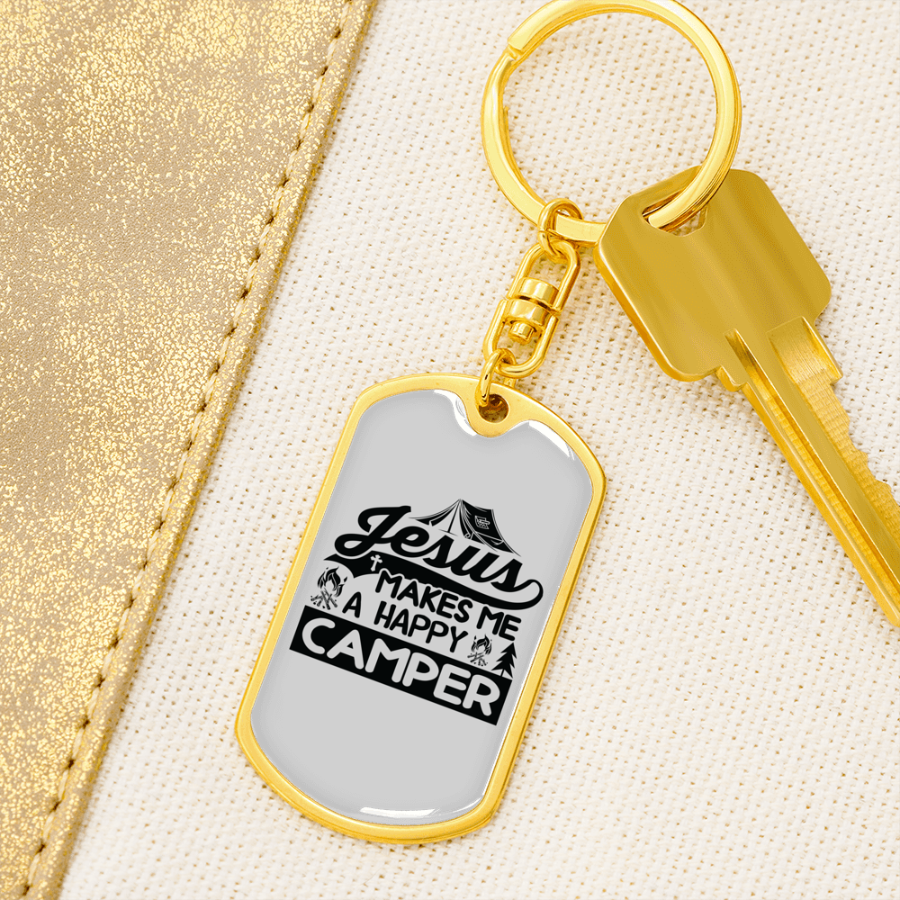 Jesus Happy Camper Keychain Stainless Steel or 18k Gold Dog Tag Keyring-Express Your Love Gifts