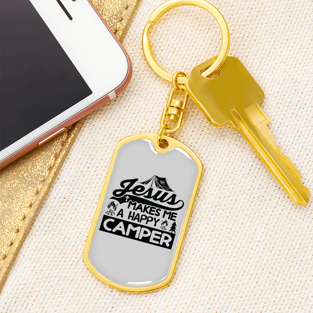 Jesus Happy Camper Keychain Stainless Steel or 18k Gold Dog Tag Keyring-Express Your Love Gifts
