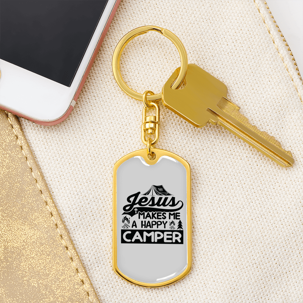 Jesus Happy Camper Keychain Stainless Steel or 18k Gold Dog Tag Keyring-Express Your Love Gifts