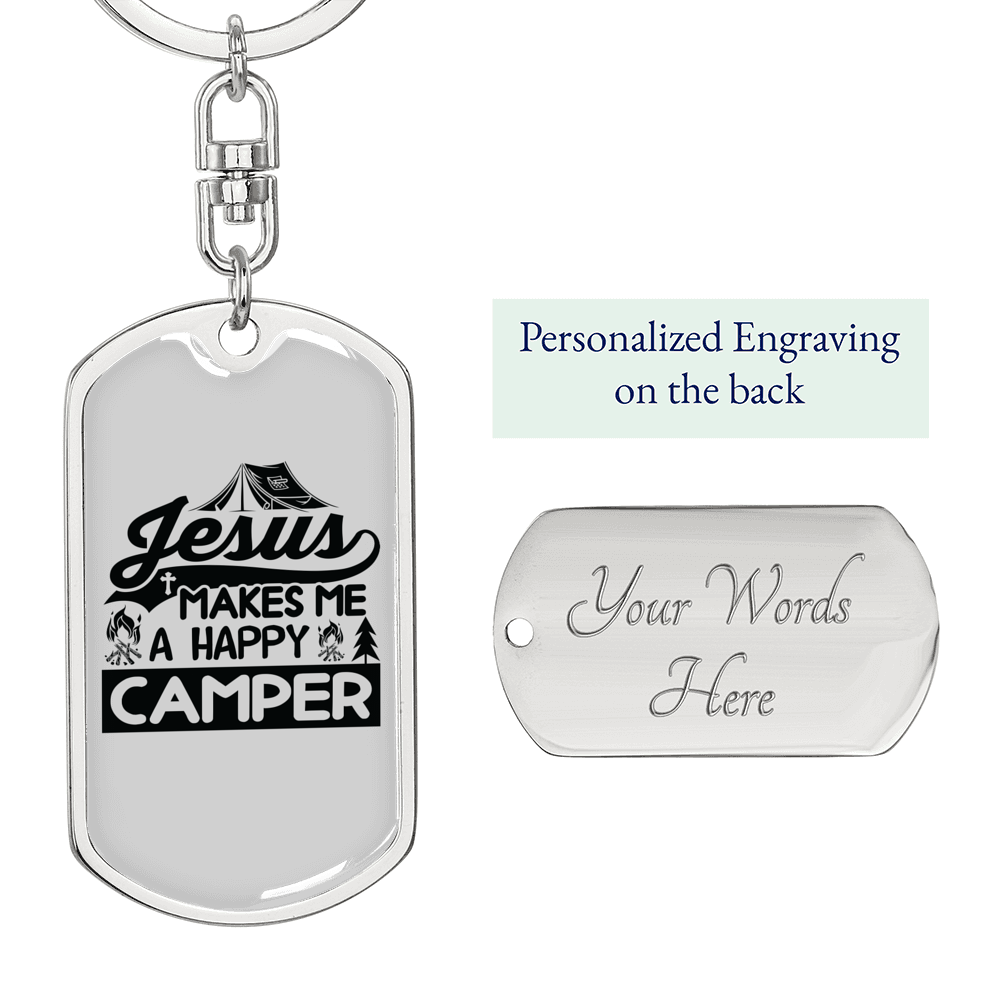 Jesus Happy Camper Keychain Stainless Steel or 18k Gold Dog Tag Keyring-Express Your Love Gifts