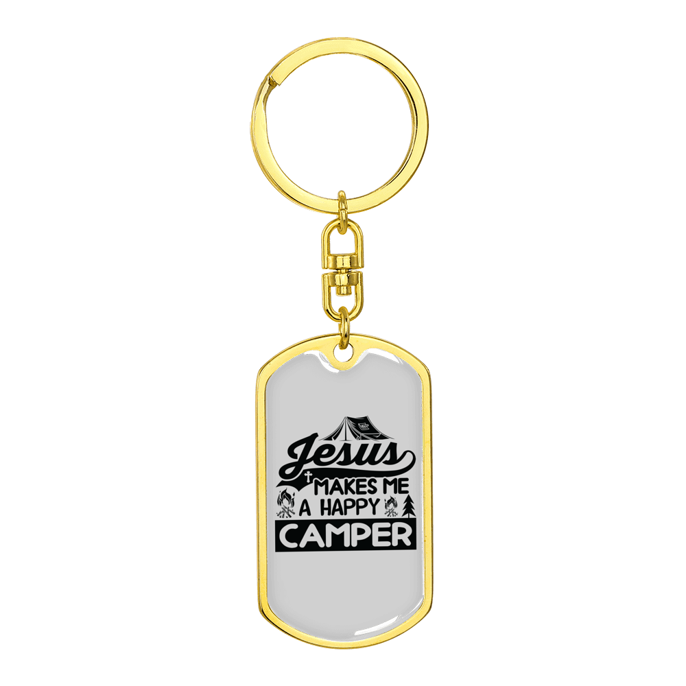 Jesus Happy Camper Stainless Steel or 18k Gold Premium Swivel Dog Tag Keychain
