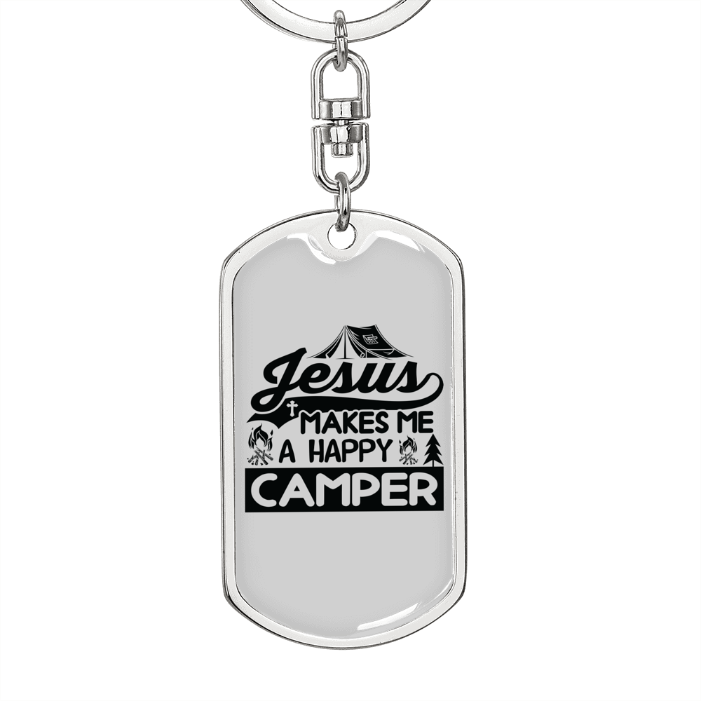 Jesus Happy Camper Keychain Stainless Steel or 18k Gold Dog Tag Keyring-Express Your Love Gifts