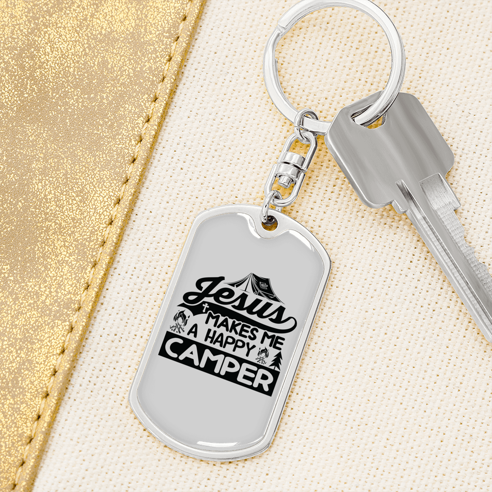 Jesus Happy Camper Keychain Stainless Steel or 18k Gold Dog Tag Keyring-Express Your Love Gifts