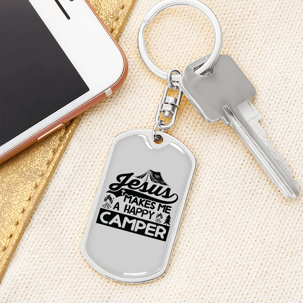 Jesus Happy Camper Keychain Stainless Steel or 18k Gold Dog Tag Keyring-Express Your Love Gifts