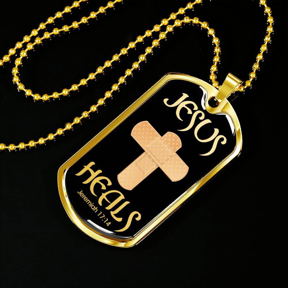 Jesus Heals Jeremiah 17:14 Dog Tag Stainless Steel or 18k Gold 24" Chain - Express Your Love Gifts