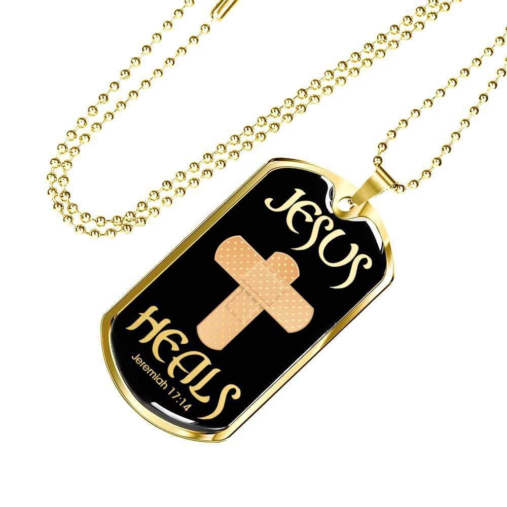 Jesus Heals Jeremiah 17:14 Dog Tag Stainless Steel or 18k Gold 24" Chain - Express Your Love Gifts