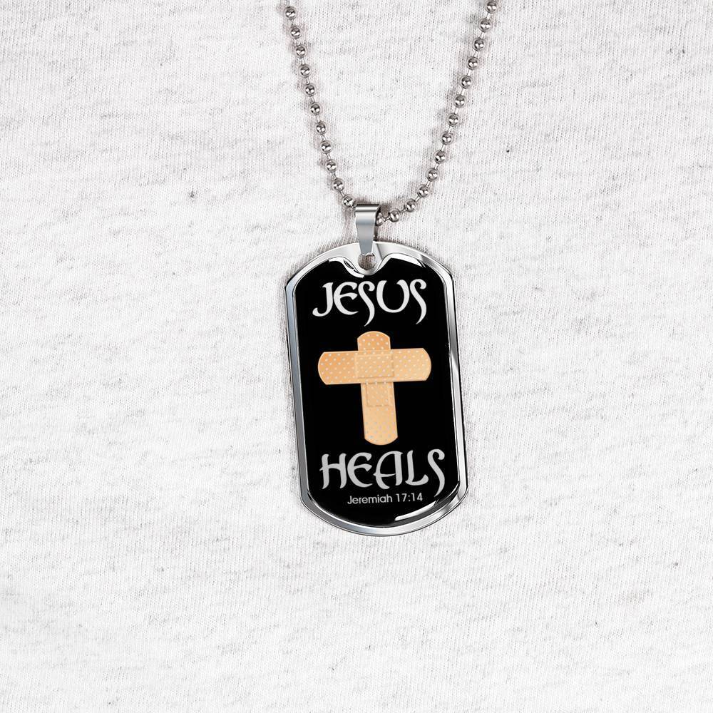 Jesus Heals Jeremiah 17:14 Dog Tag Stainless Steel or 18k Gold 24" Chain - Express Your Love Gifts