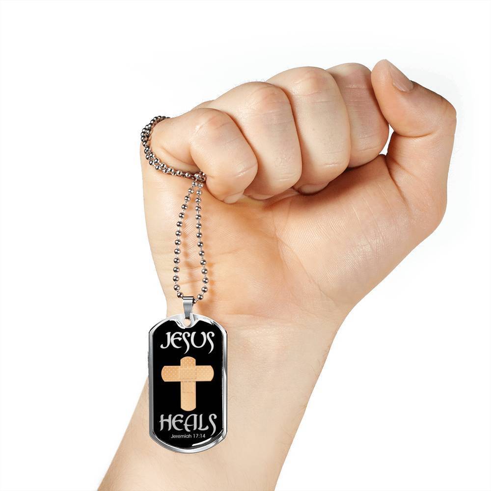 Jesus Heals Jeremiah 17:14 Dog Tag Stainless Steel or 18k Gold 24" Chain - Express Your Love Gifts