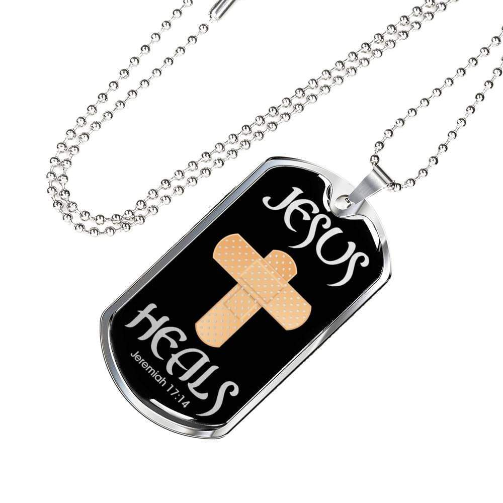 Jesus Heals Jeremiah 17:14 Dog Tag Stainless Steel or 18k Gold 24" Chain - Express Your Love Gifts