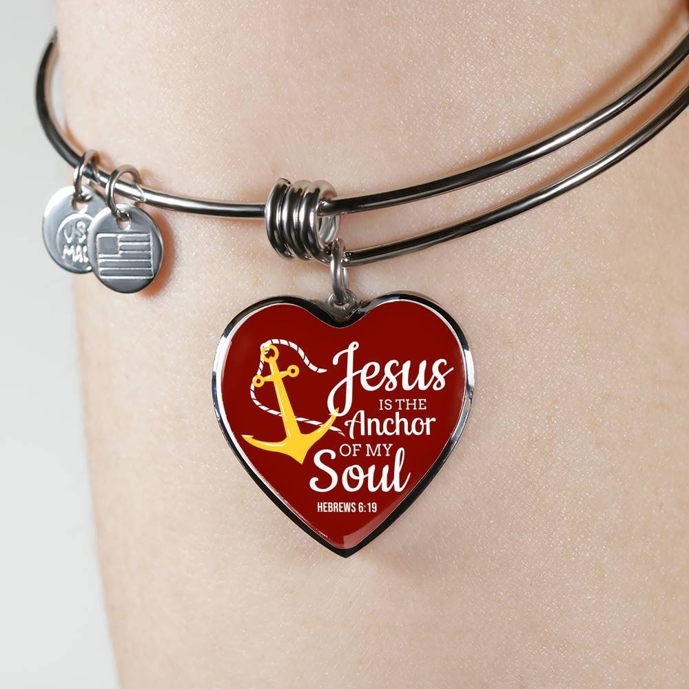 Jesus Is Anchor To My Soul Hebrews Stainless Steel or 18k Gold Heart Bangle Bracelet - Express Your Love Gifts