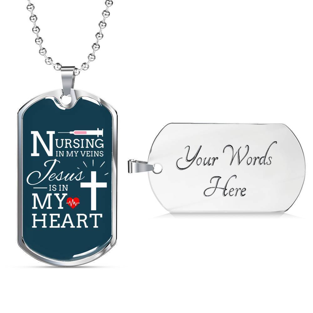 Jesus Is In My Heart Nursing Necklace Stainless Steel or 18k Gold Dog Tag w 24"-Express Your Love Gifts