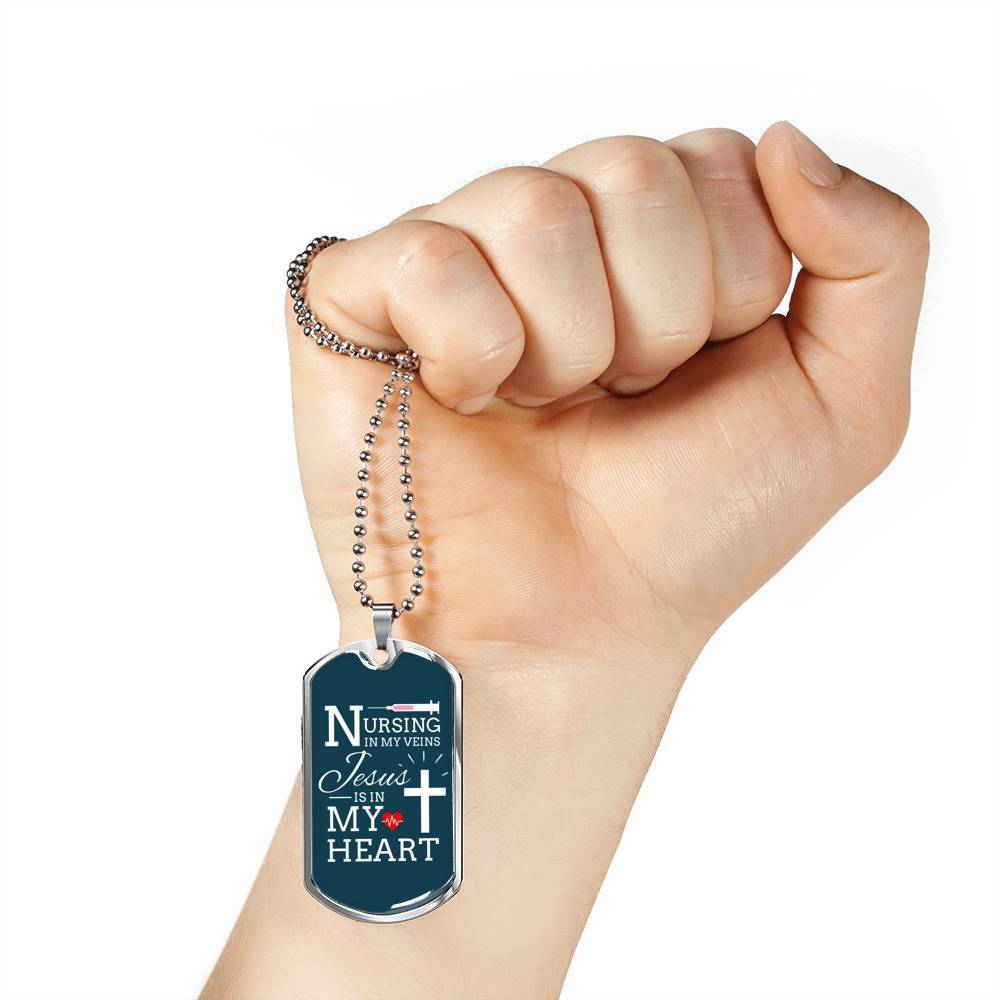 Jesus Is In My Heart Nursing Necklace Stainless Steel or 18k Gold Dog Tag w 24"-Express Your Love Gifts