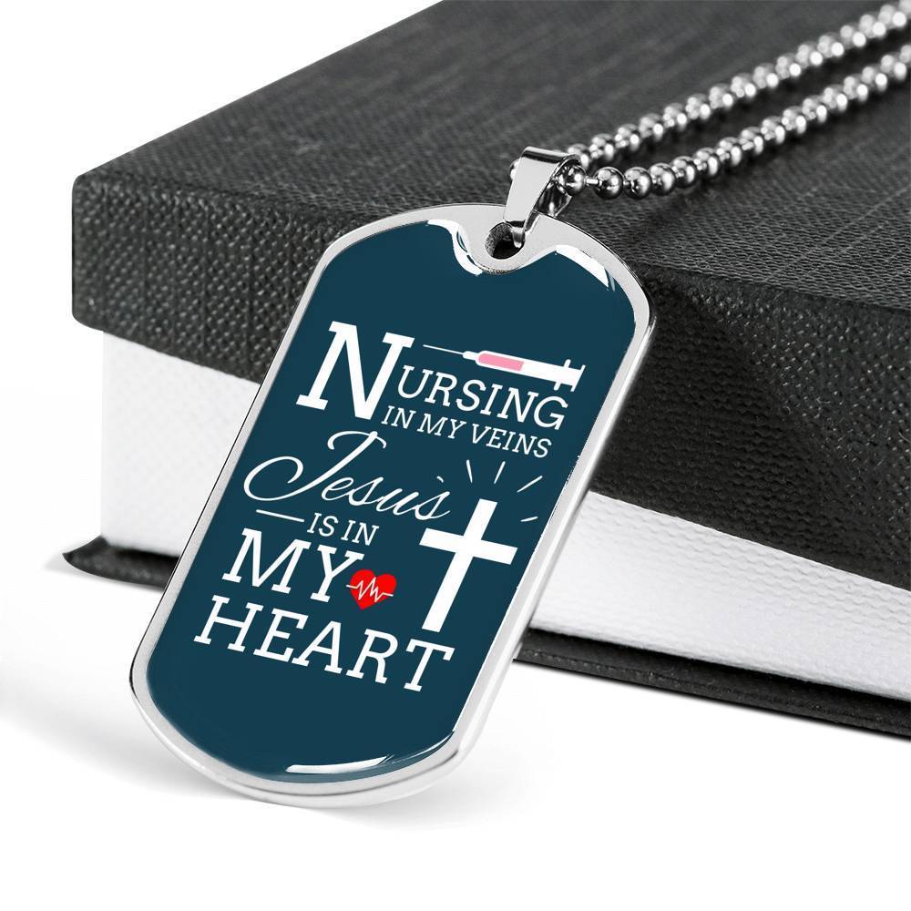 Jesus Is In My Heart Nursing Necklace Stainless Steel or 18k Gold Dog Tag w 24"-Express Your Love Gifts