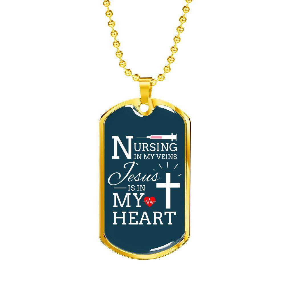 Jesus Is In My Heart Nursing Necklace Stainless Steel or 18k Gold Dog Tag w 24"