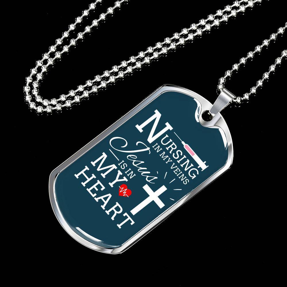 Jesus Is In My Heart Nursing Necklace Stainless Steel or 18k Gold Dog Tag w 24"-Express Your Love Gifts
