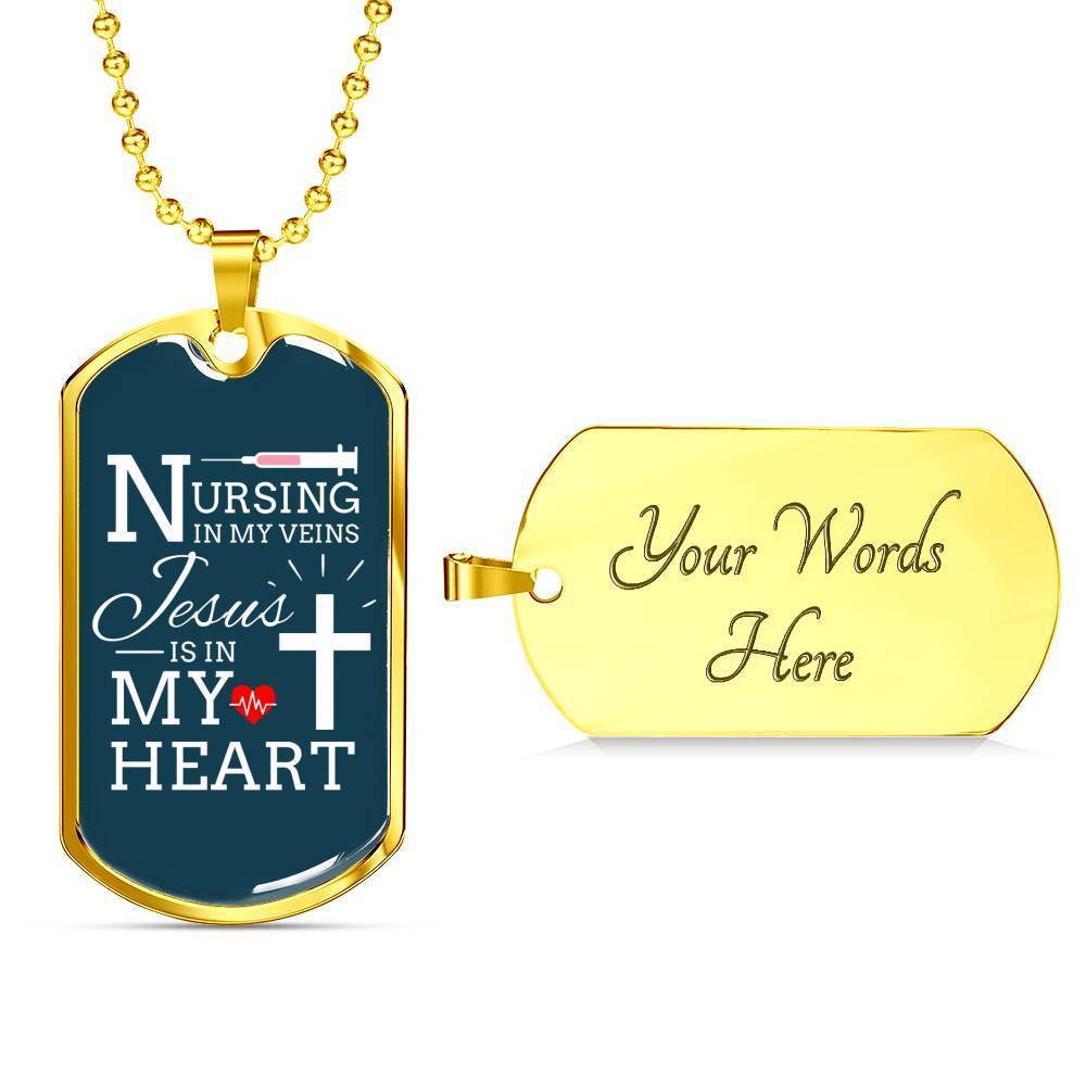Jesus Is In My Heart Nursing Necklace Stainless Steel or 18k Gold Dog Tag w 24"-Express Your Love Gifts