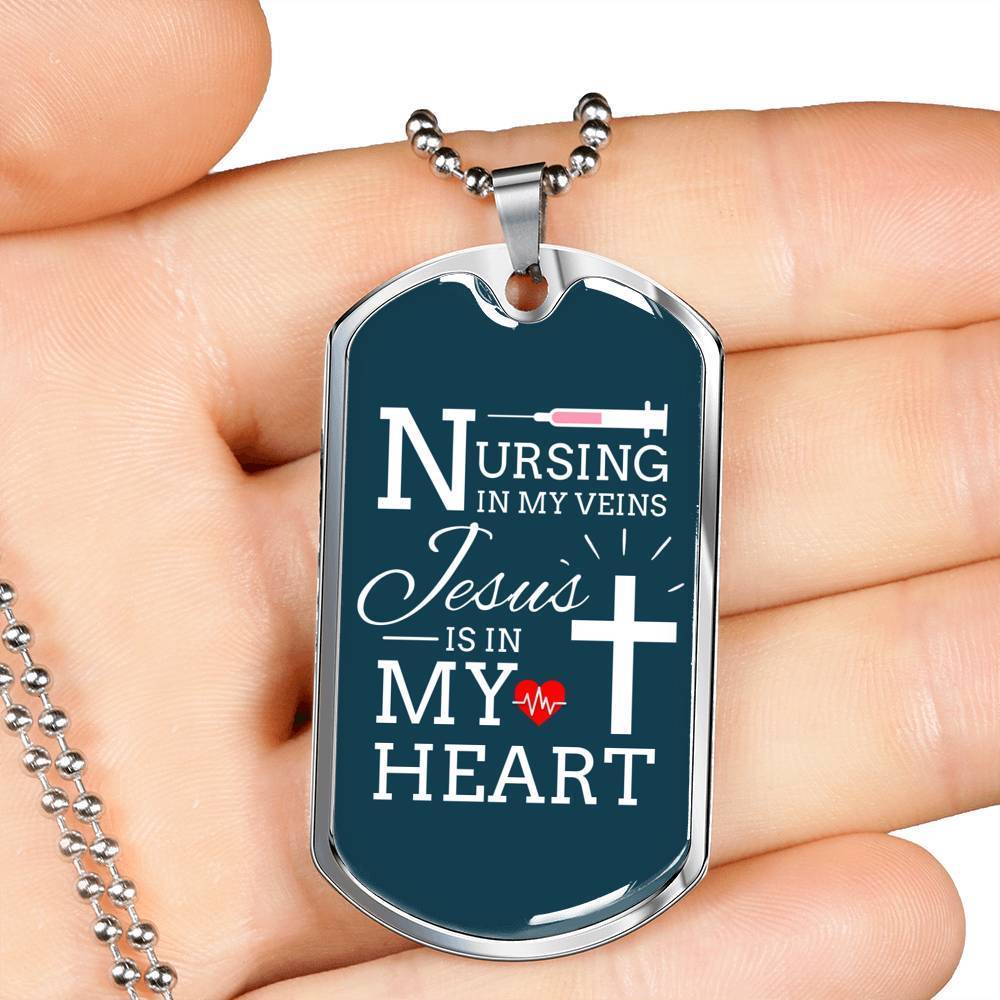Jesus Is In My Heart Nursing Necklace Stainless Steel or 18k Gold Dog Tag w 24"-Express Your Love Gifts