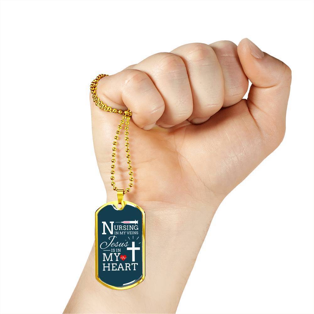 Jesus Is In My Heart Nursing Necklace Stainless Steel or 18k Gold Dog Tag w 24"-Express Your Love Gifts