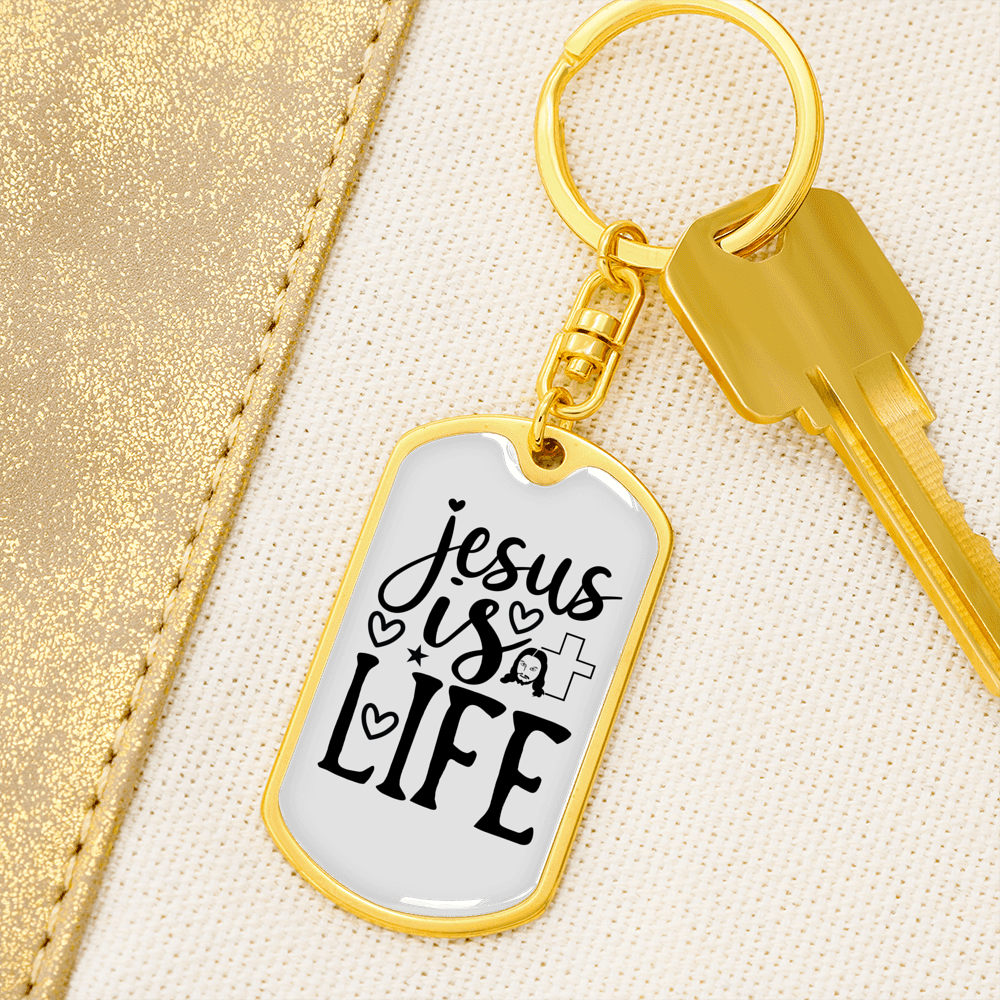Jesus Is Life Christian Keychain Stainless Steel or 18k Gold Dog Tag Keyring-Express Your Love Gifts