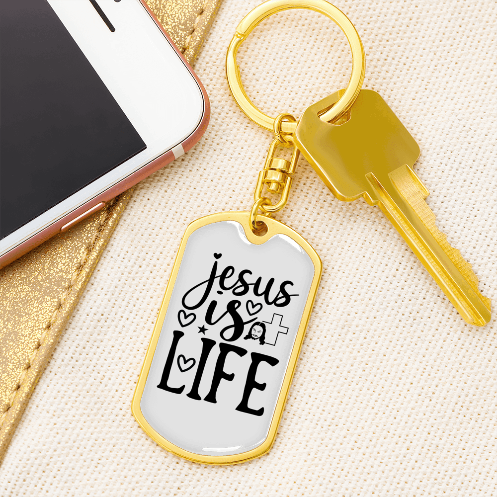 Jesus Is Life Christian Keychain Stainless Steel or 18k Gold Dog Tag Keyring-Express Your Love Gifts