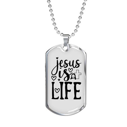 Jesus Is Life Christian Necklace Stainless Steel or 18k Gold Dog Tag 24" Chain-Express Your Love Gifts