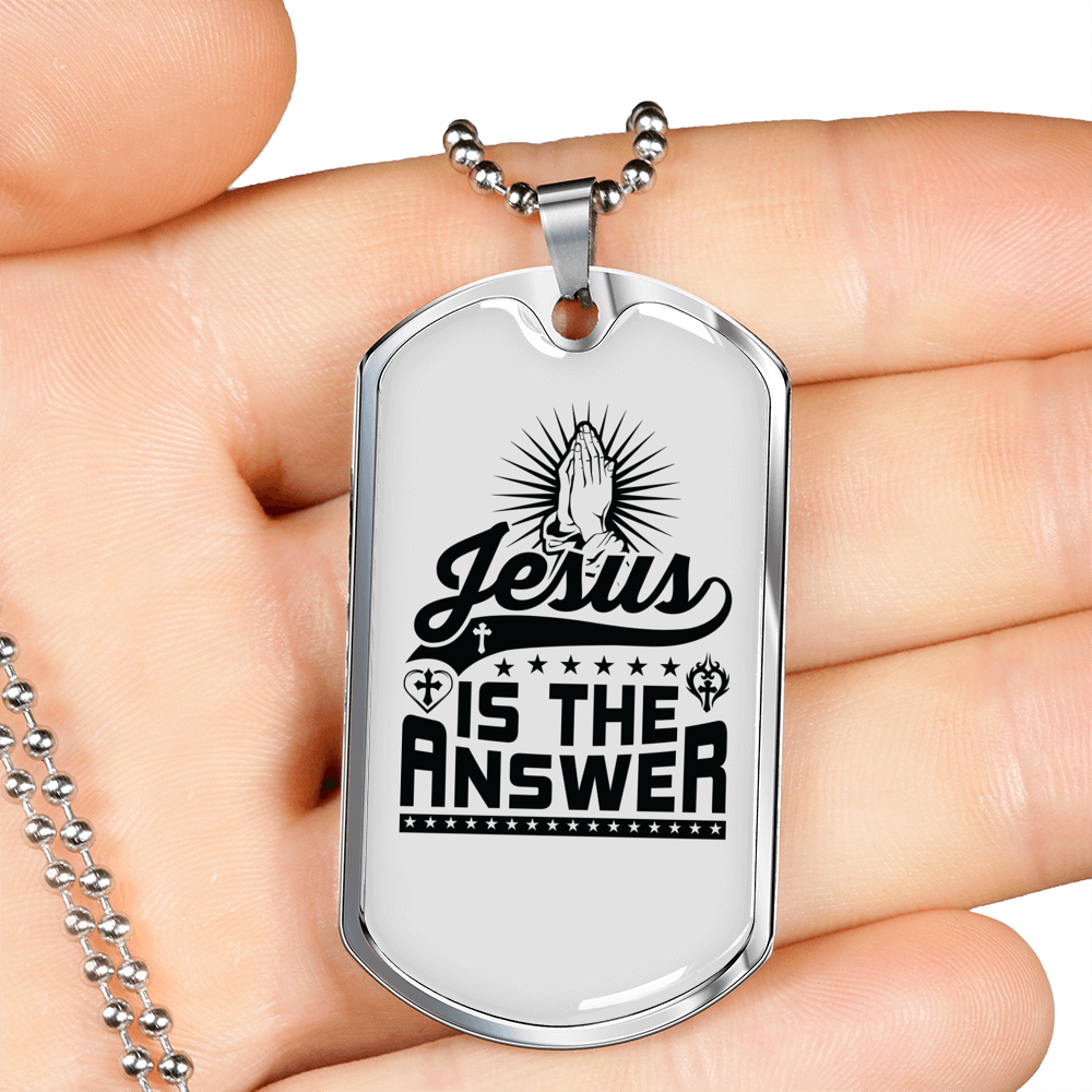 Jesus Is The Answer Christian Necklace Stainless Steel or 18k Gold Dog Tag 24" Chain-Express Your Love Gifts