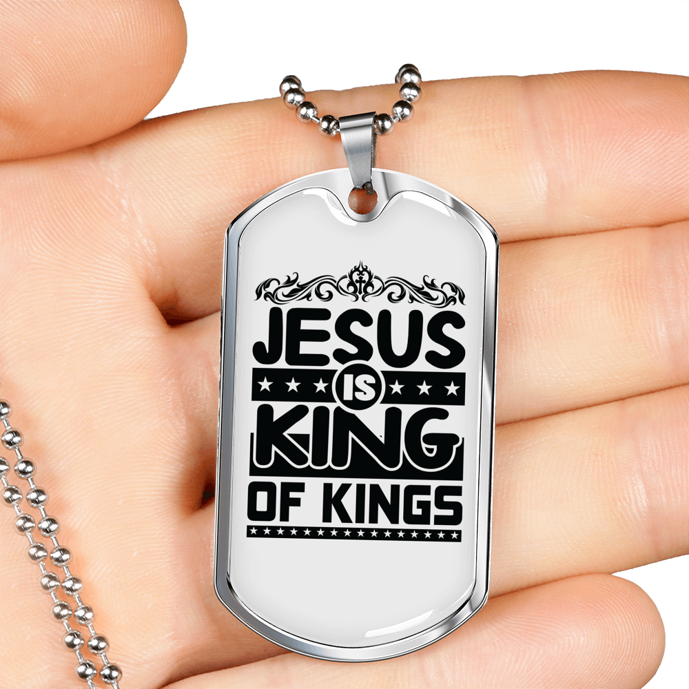 Jesus King Of Kings Christian Necklace Stainless Steel or 18k Gold Dog Tag 24" Chain-Express Your Love Gifts