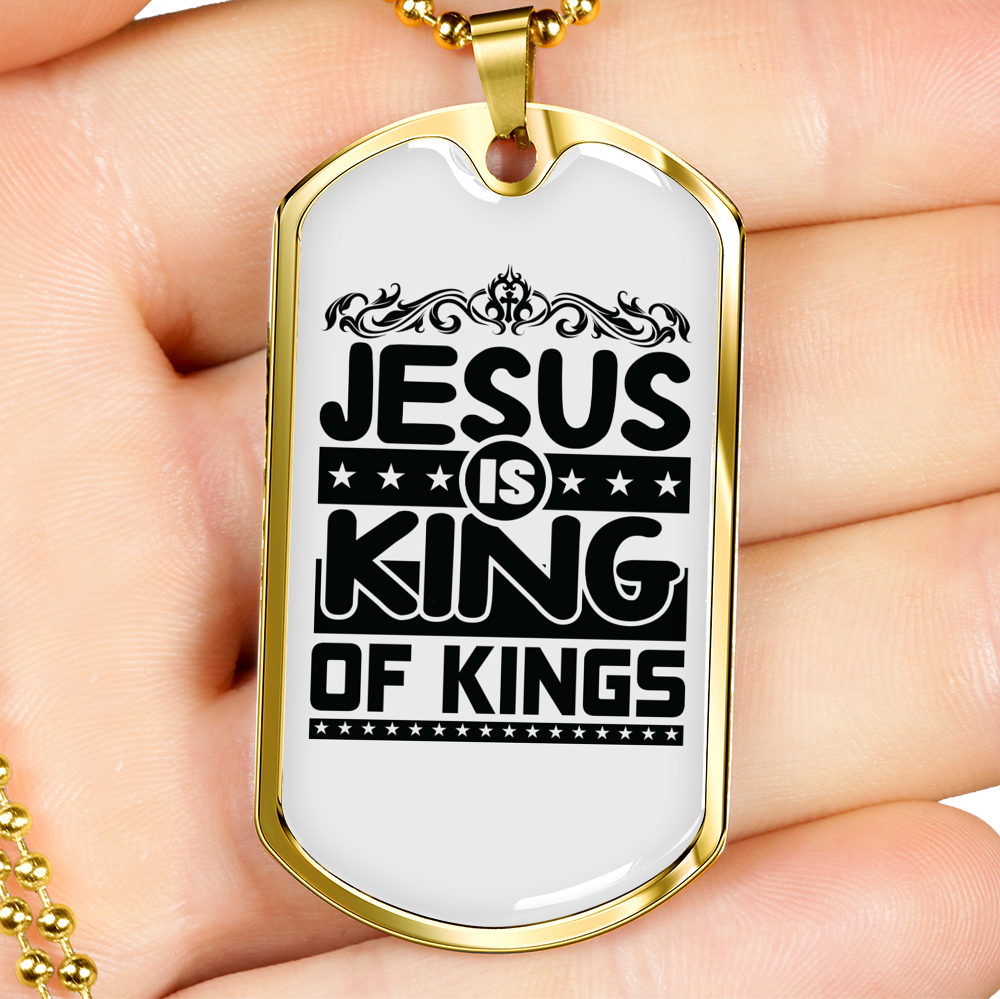 Jesus King Of Kings Christian Necklace Stainless Steel or 18k Gold Dog Tag 24" Chain-Express Your Love Gifts