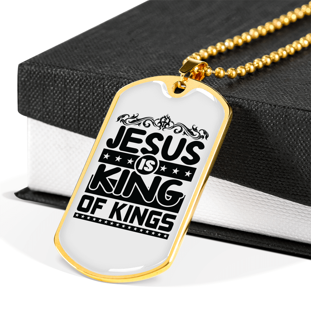 Jesus King Of Kings Christian Necklace Stainless Steel or 18k Gold Dog Tag 24" Chain-Express Your Love Gifts