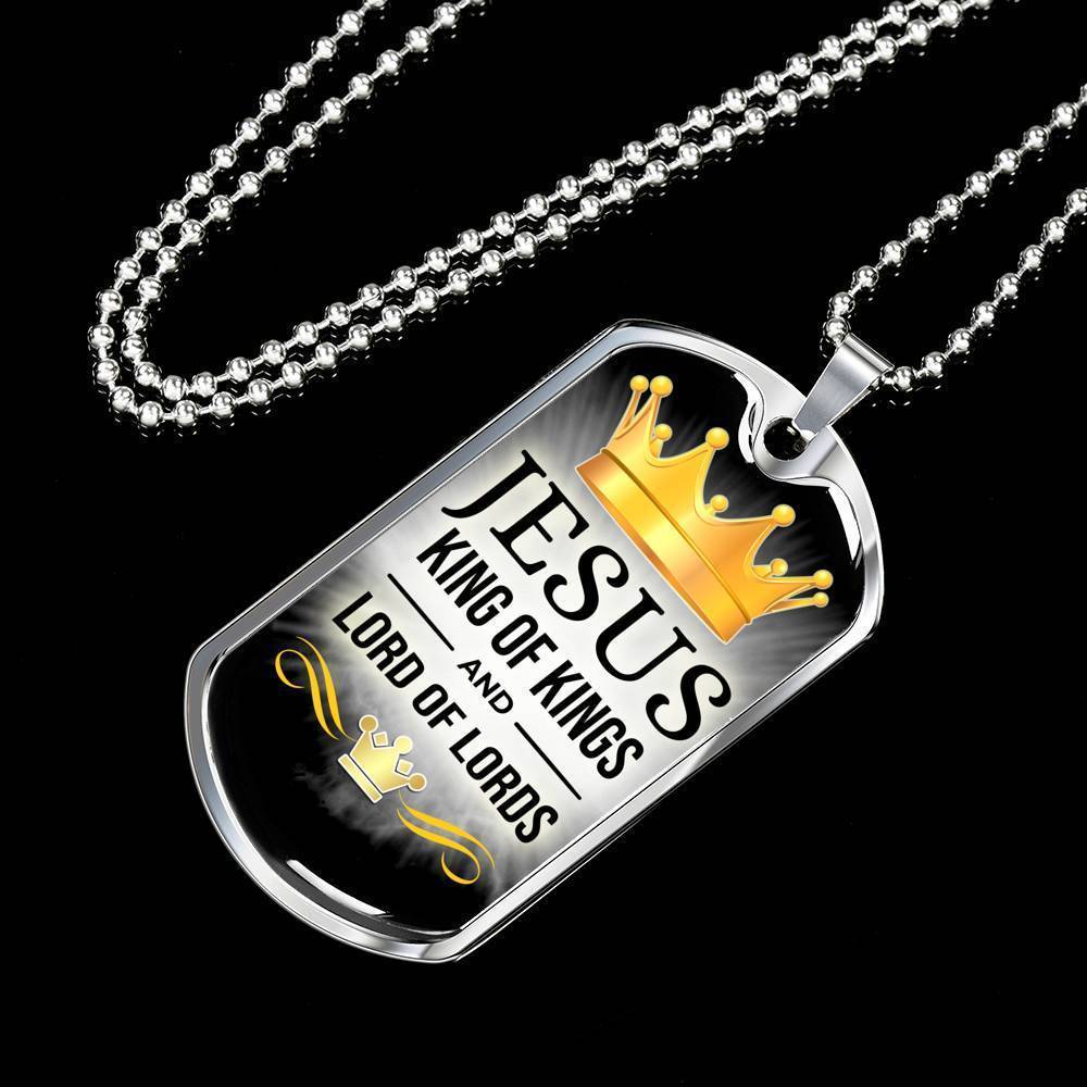 Jesus King Of Kings Necklace Stainless Steel or 18k Gold Dog Tag 24" Chain-Express Your Love Gifts