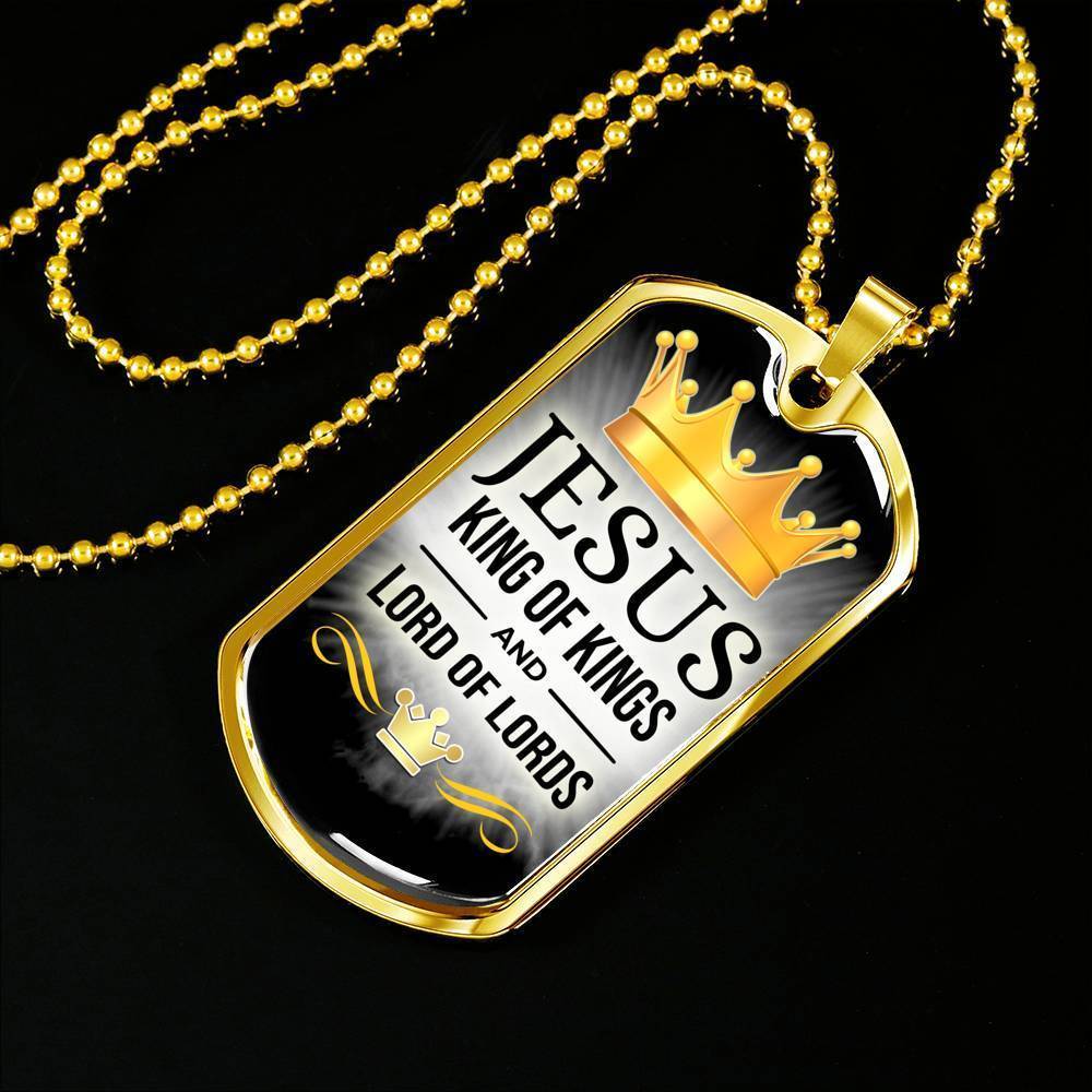 Jesus King Of Kings Necklace Stainless Steel or 18k Gold Dog Tag 24" Chain-Express Your Love Gifts