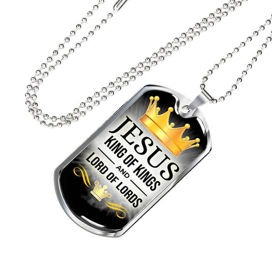 Jesus King Of Kings Christian Bible Verse Necklace Stainless Steel or 18k Gold Dog Tag w 24" Chain