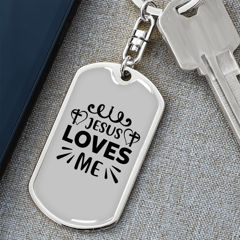 Jesus Loves Me Cross Heart Keychain Stainless Steel or 18k Gold Dog Tag Keyring-Express Your Love Gifts