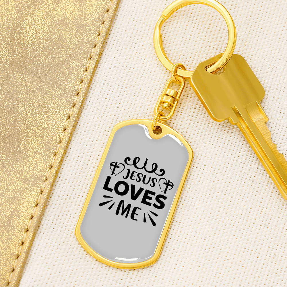 Jesus Loves Me Cross Heart Keychain Stainless Steel or 18k Gold Dog Tag Keyring-Express Your Love Gifts
