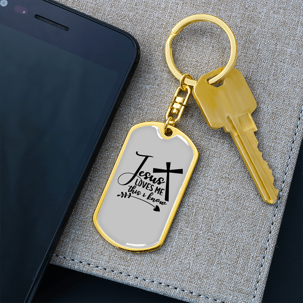 Jesus Loves Me Cross Keychain Stainless Steel or 18k Gold Dog Tag Keyring-Express Your Love Gifts