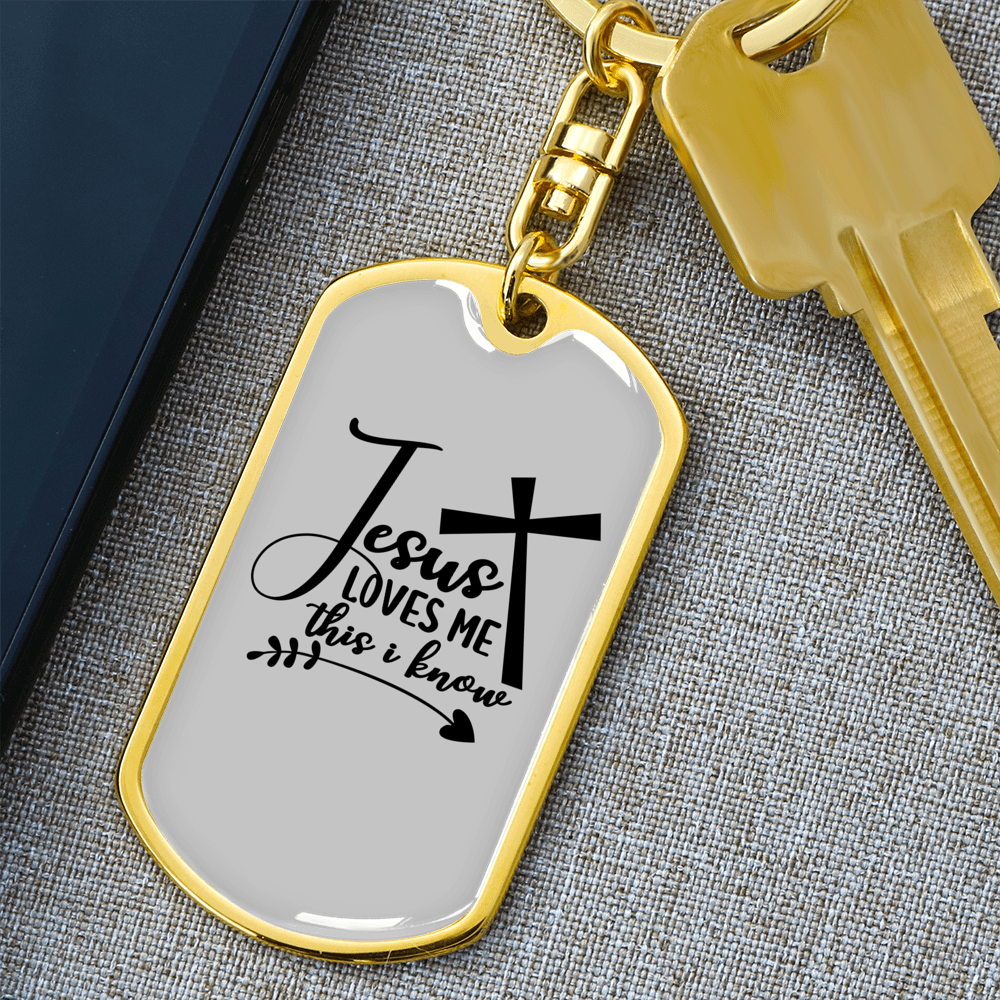 Jesus Loves Me Cross Keychain Stainless Steel or 18k Gold Dog Tag Keyring-Express Your Love Gifts