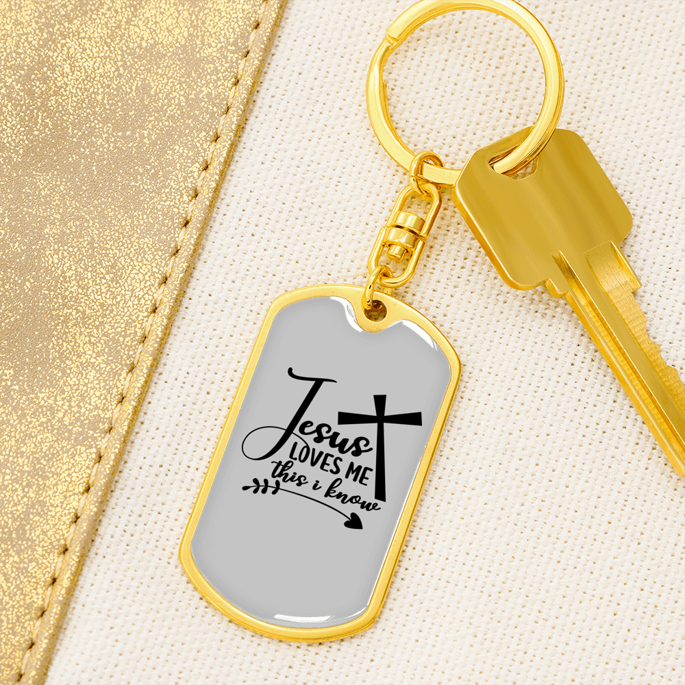 Jesus Loves Me Cross Keychain Stainless Steel or 18k Gold Dog Tag Keyring-Express Your Love Gifts