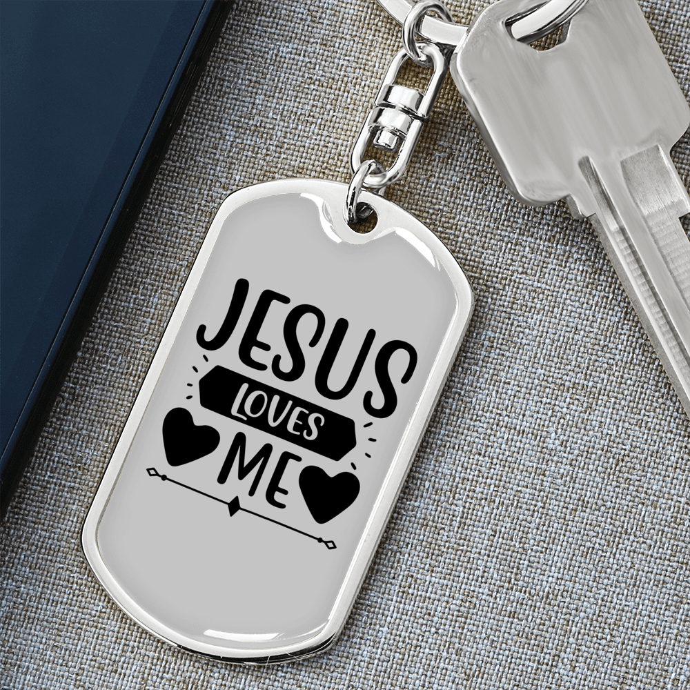 Jesus Loves Me Heart Keychain Stainless Steel or 18k Gold Dog Tag Keyring-Express Your Love Gifts