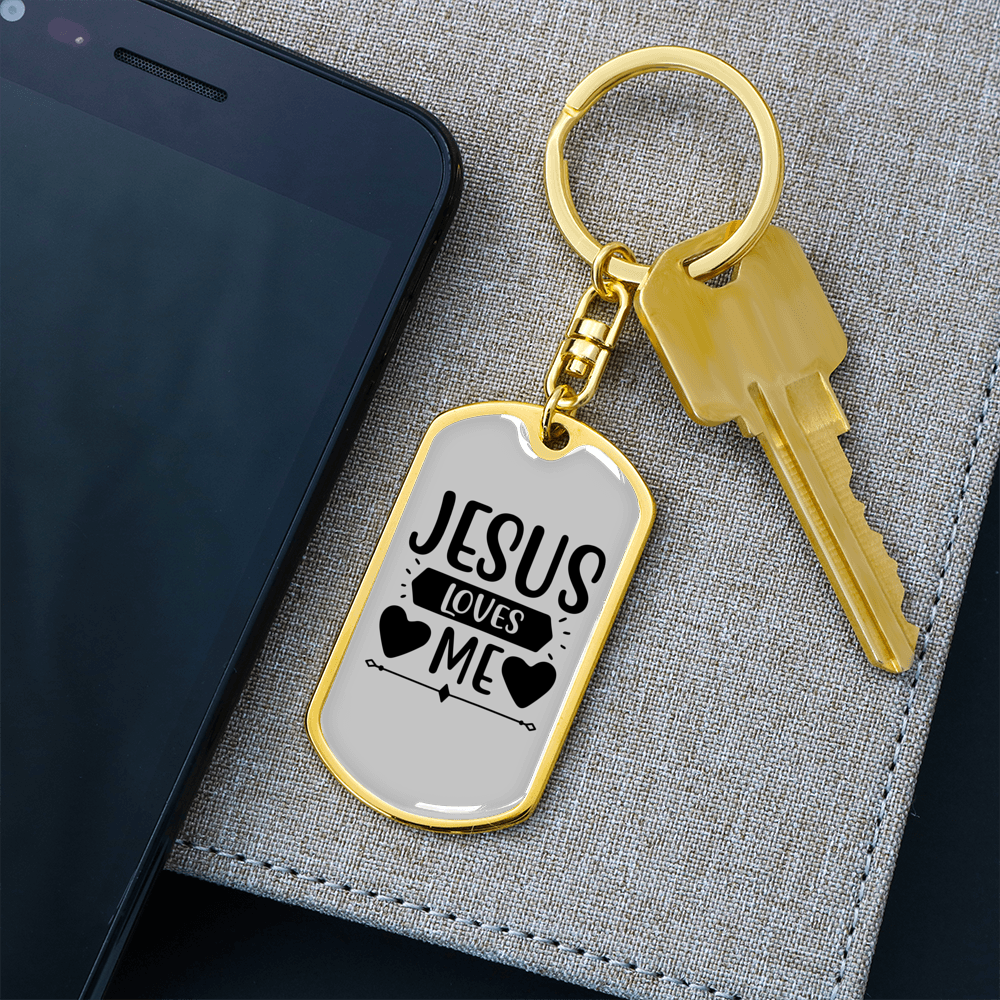 Jesus Loves Me Heart Keychain Stainless Steel or 18k Gold Dog Tag Keyring-Express Your Love Gifts