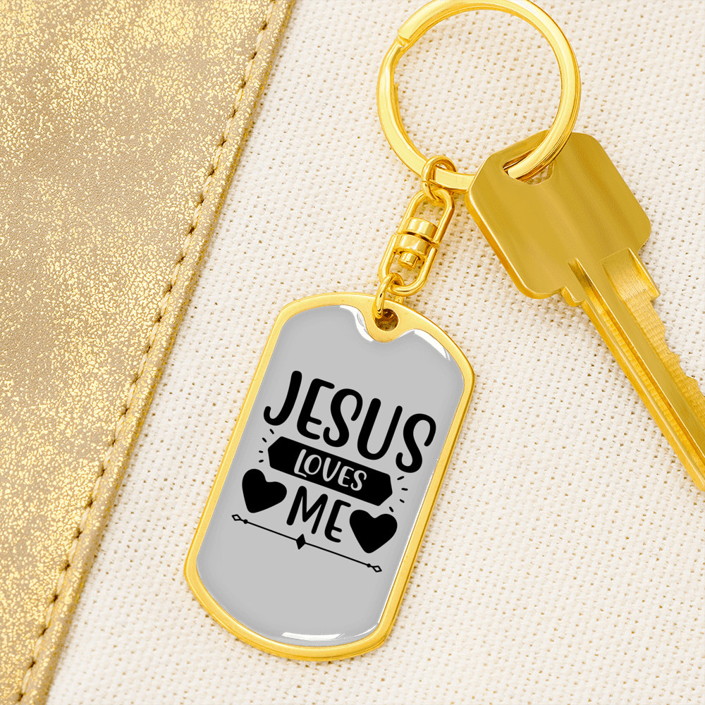 Jesus Loves Me Heart Keychain Stainless Steel or 18k Gold Dog Tag Keyring-Express Your Love Gifts