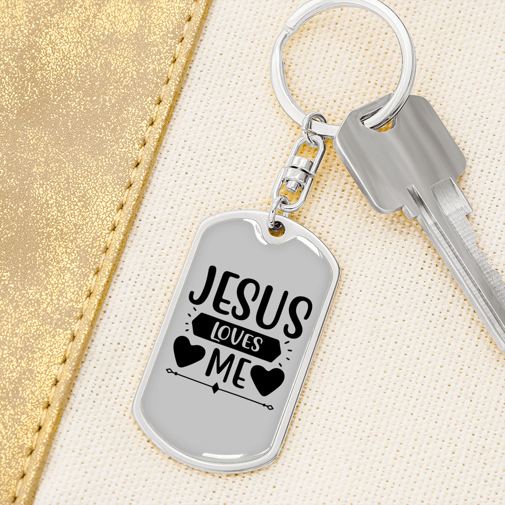 Jesus Loves Me Heart Keychain Stainless Steel or 18k Gold Dog Tag Keyring-Express Your Love Gifts