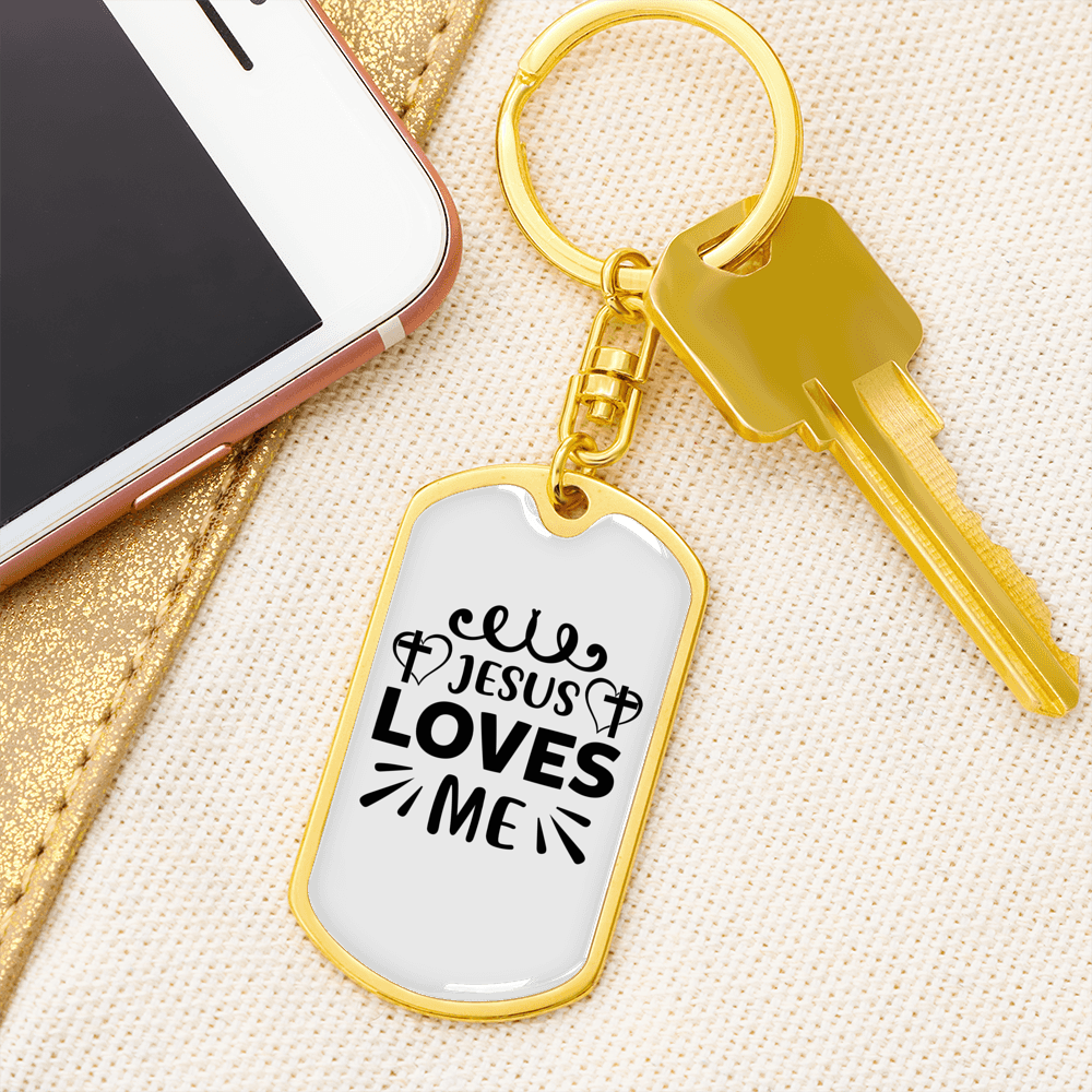 Jesus Loves Me Keychain Stainless Steel or 18k Gold Dog Tag Keyring-Express Your Love Gifts
