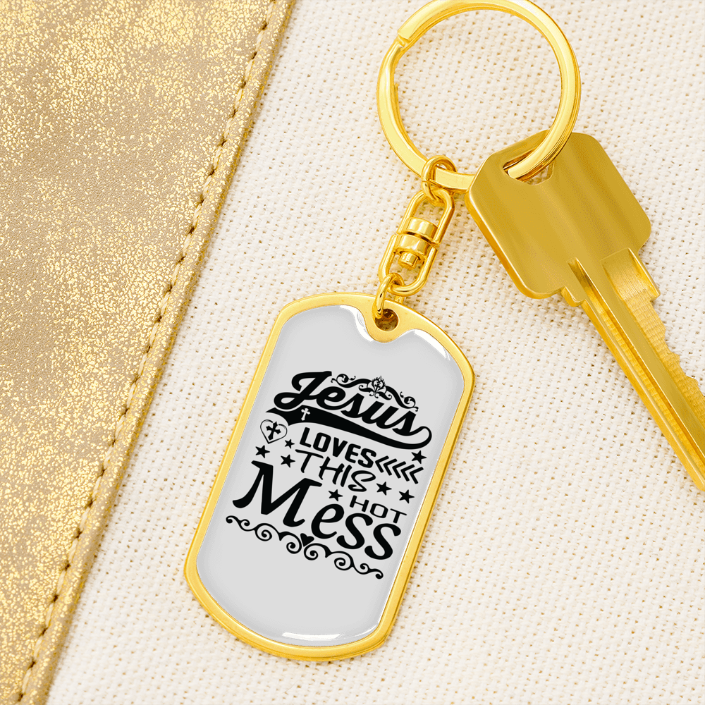 Jesus Loves This Mess Keychain Stainless Steel or 18k Gold Dog Tag Keyring-Express Your Love Gifts