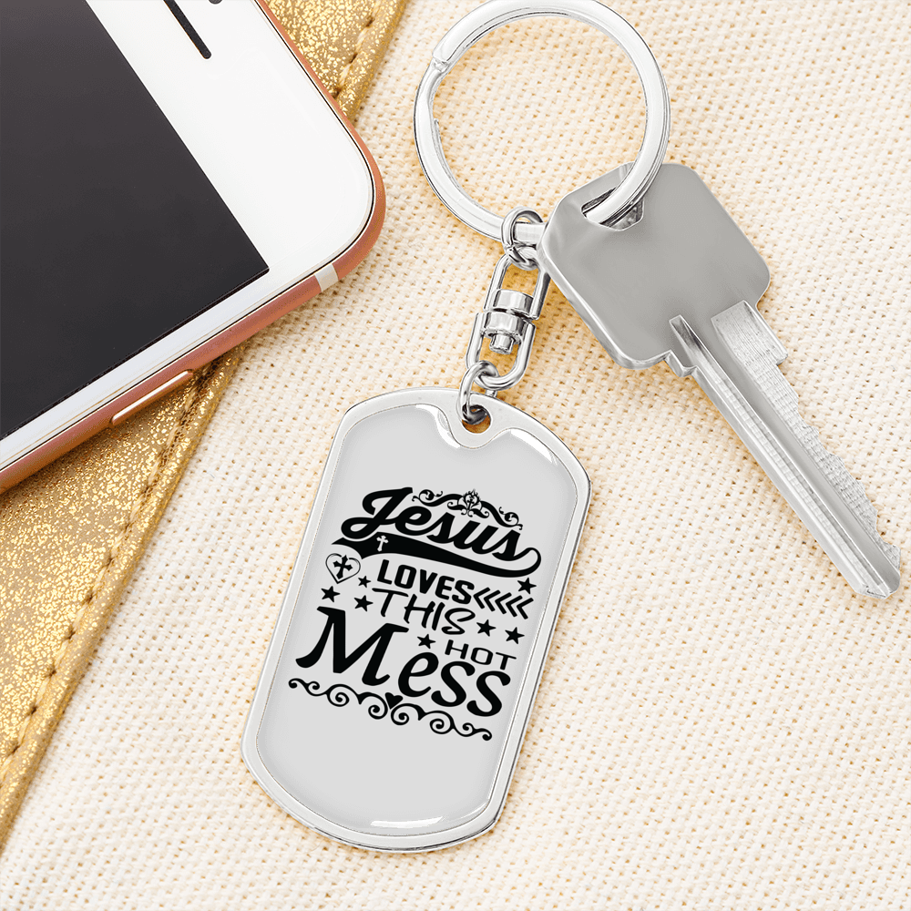 Jesus Loves This Mess Keychain Stainless Steel or 18k Gold Dog Tag Keyring-Express Your Love Gifts