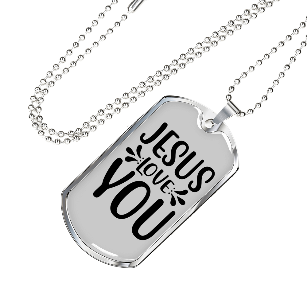 Jesus Loves You Christian Necklace Stainless Steel or 18k Gold Dog Tag 24" Chain-Express Your Love Gifts