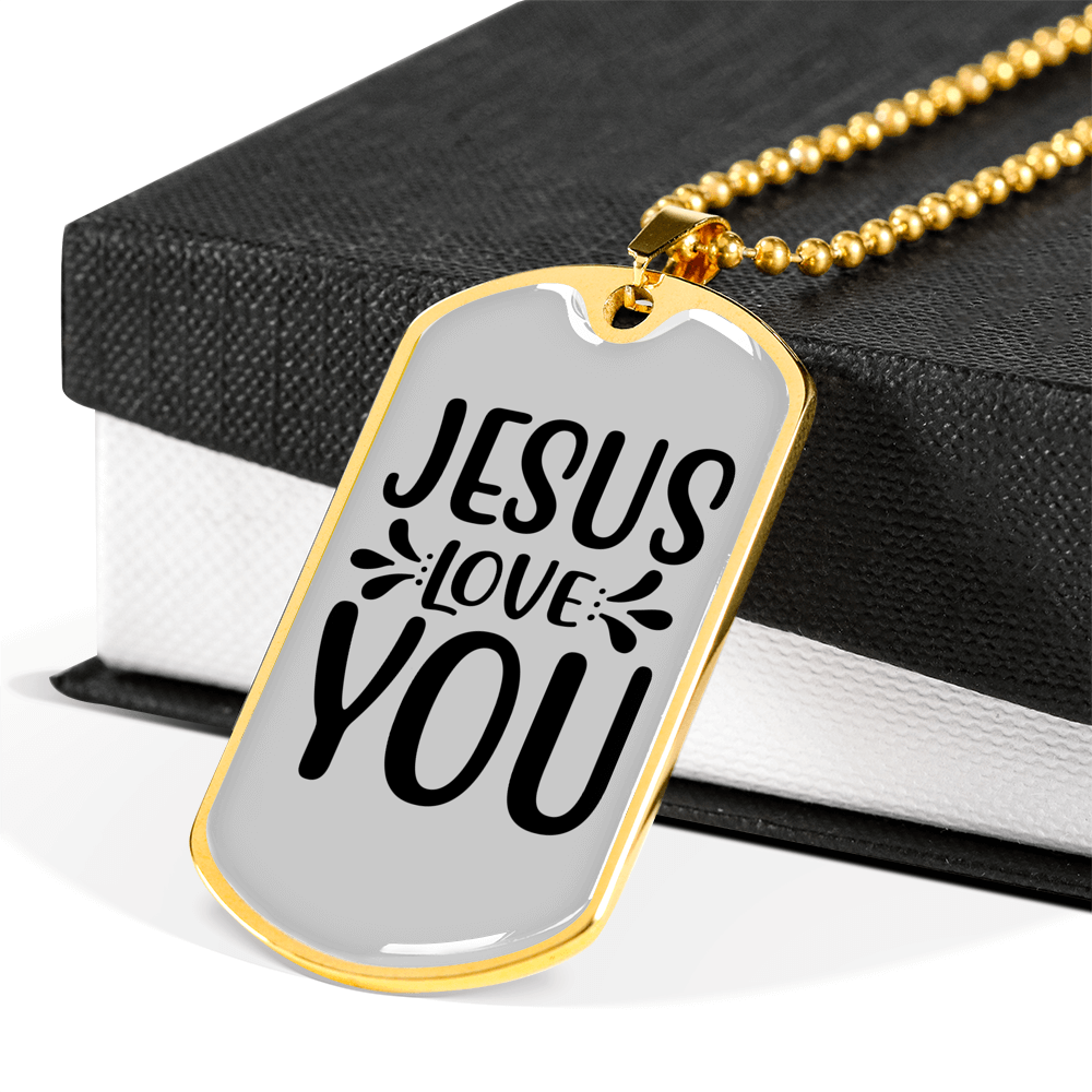 Jesus Loves You Christian Necklace Stainless Steel or 18k Gold Dog Tag 24" Chain-Express Your Love Gifts