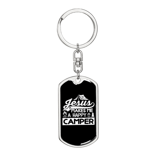 Jesus Makes Happy Camper Keychain Stainless Steel or 18k Gold Dog Tag Keyring-Express Your Love Gifts